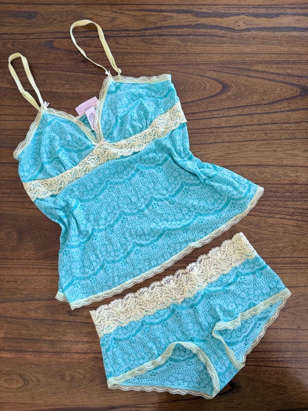 La SENZA Blue Butter Yellow Lace Trim Cami and Boy Shorts Pajama Set L M Bow Y2K